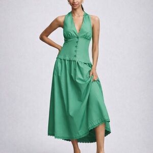 Anthropologie Maeve Halter V-Neck Drop Waist Midi Dress/Green/NWT